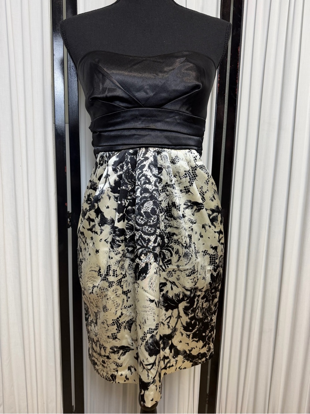 Black Strapless Satin Bodice Floral Jacquard Skirt Cocktail Dress